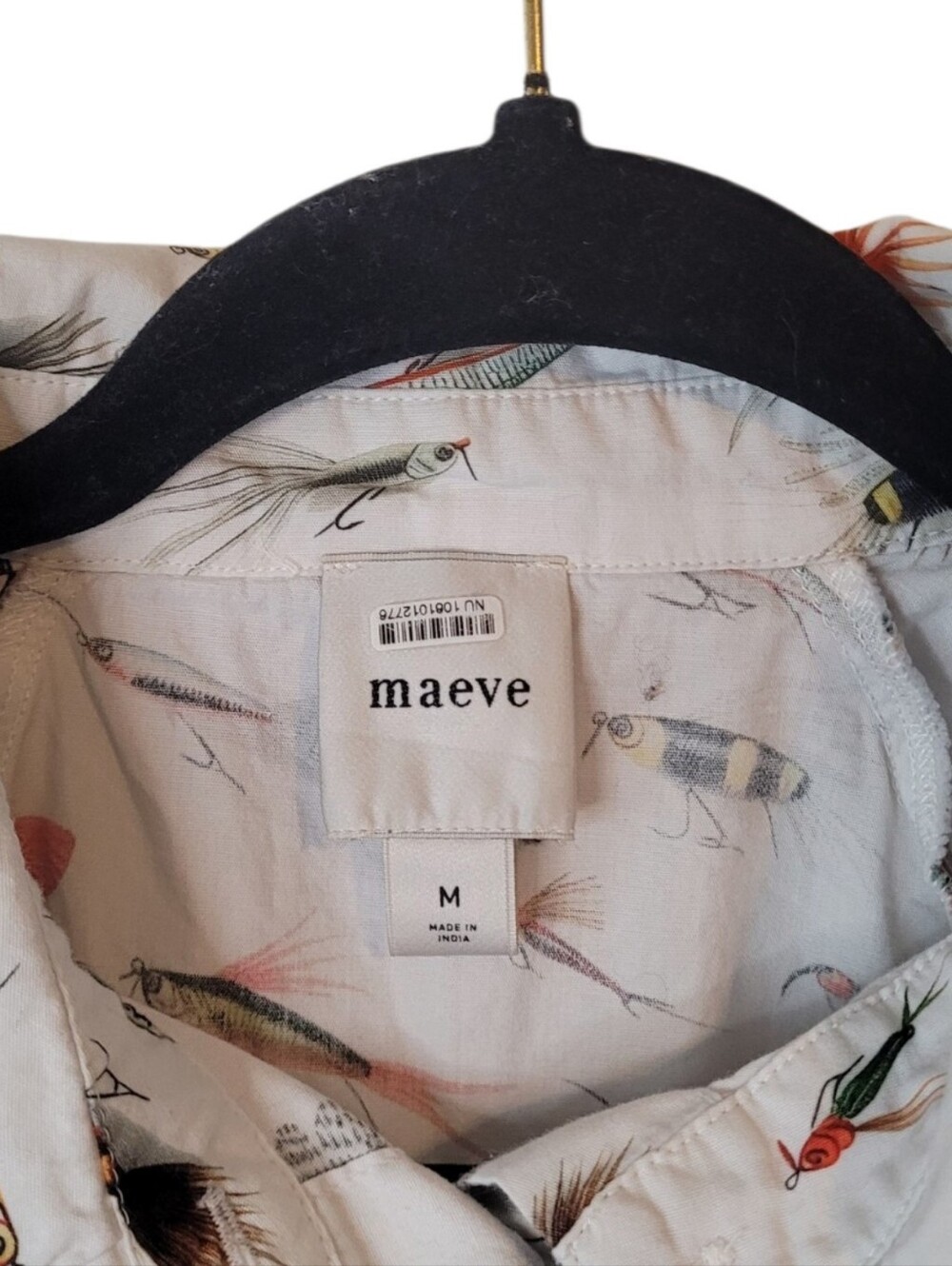 Maeve Cream Short-Sleeve Puff Sleeve Button-Down Shirt with Fishing Fly Print M - Picture 3 of 6